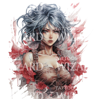 Sexy Anime Woman Portrait Flowers Tattoo Design