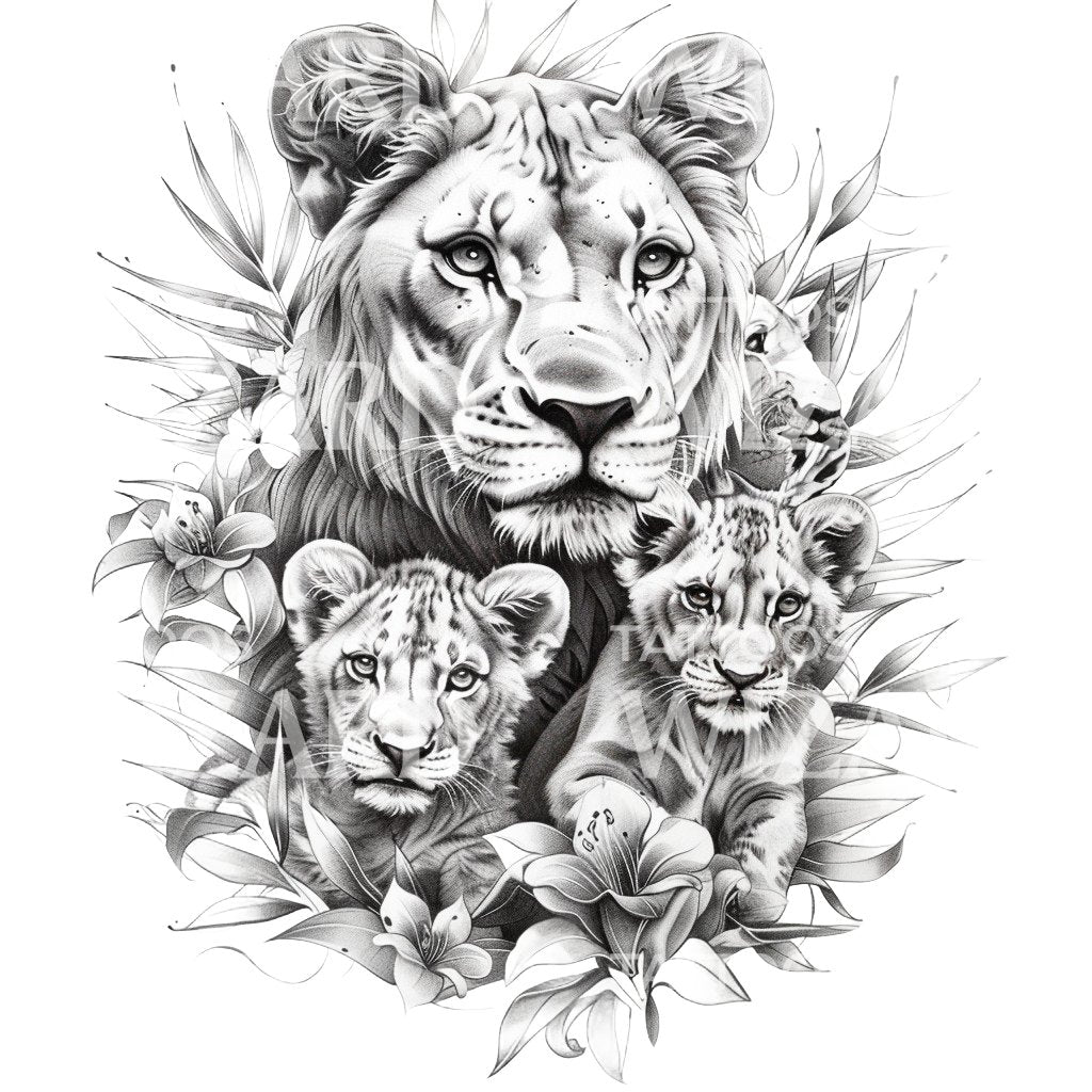 Black and Grey Lioness and Cubs Tattoo Design