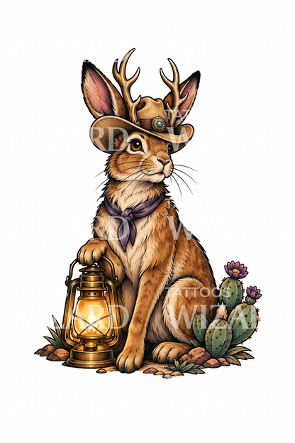 Jackalope v kovbojském klobouku s pouštní lucernou
