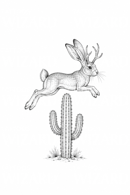 Jackalope přeskakující kaktus saguaro, tetování jemnou linkou