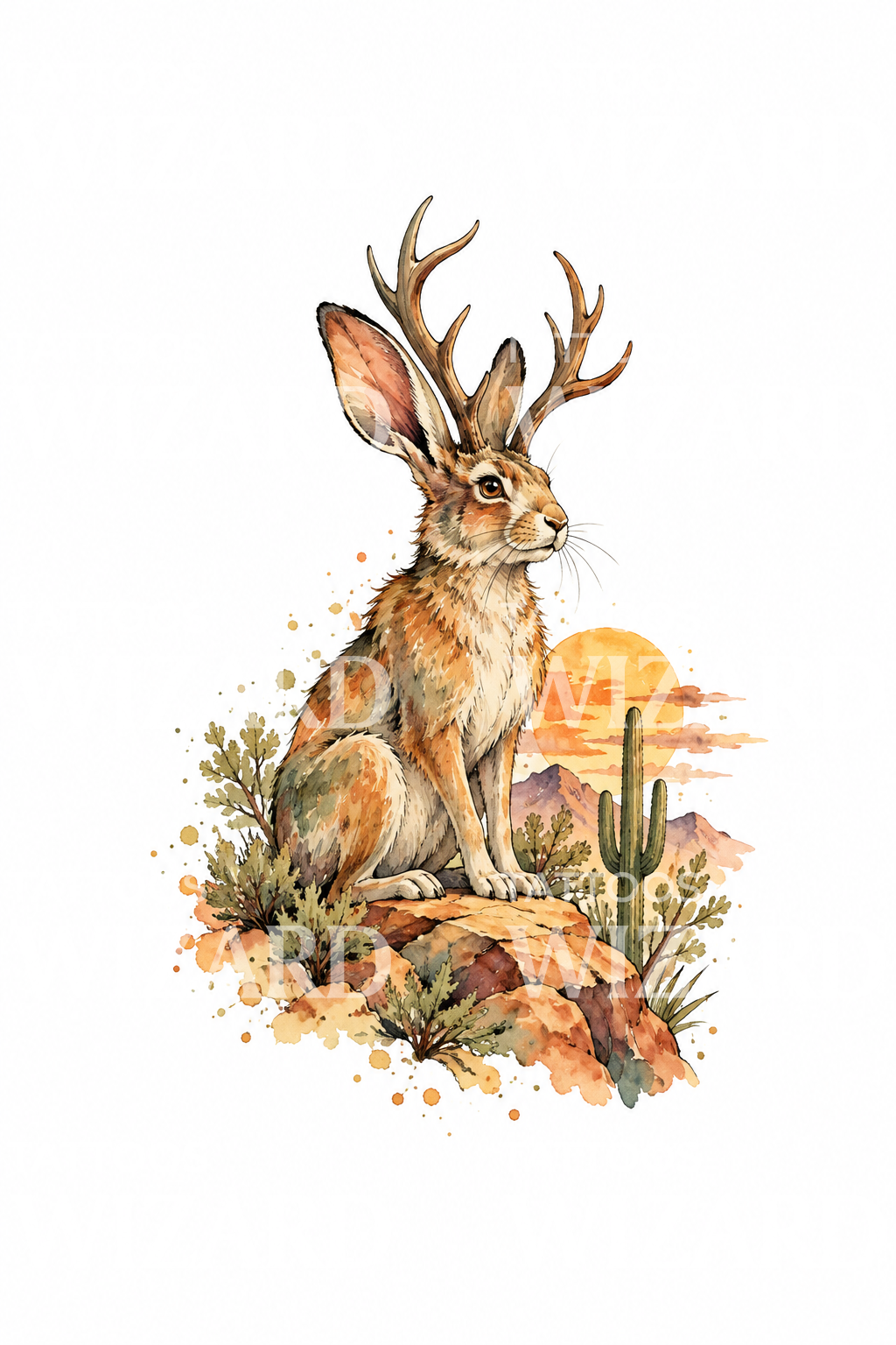 Akvarel-tatoveringsdesign med jackalope på en ørkenklippe