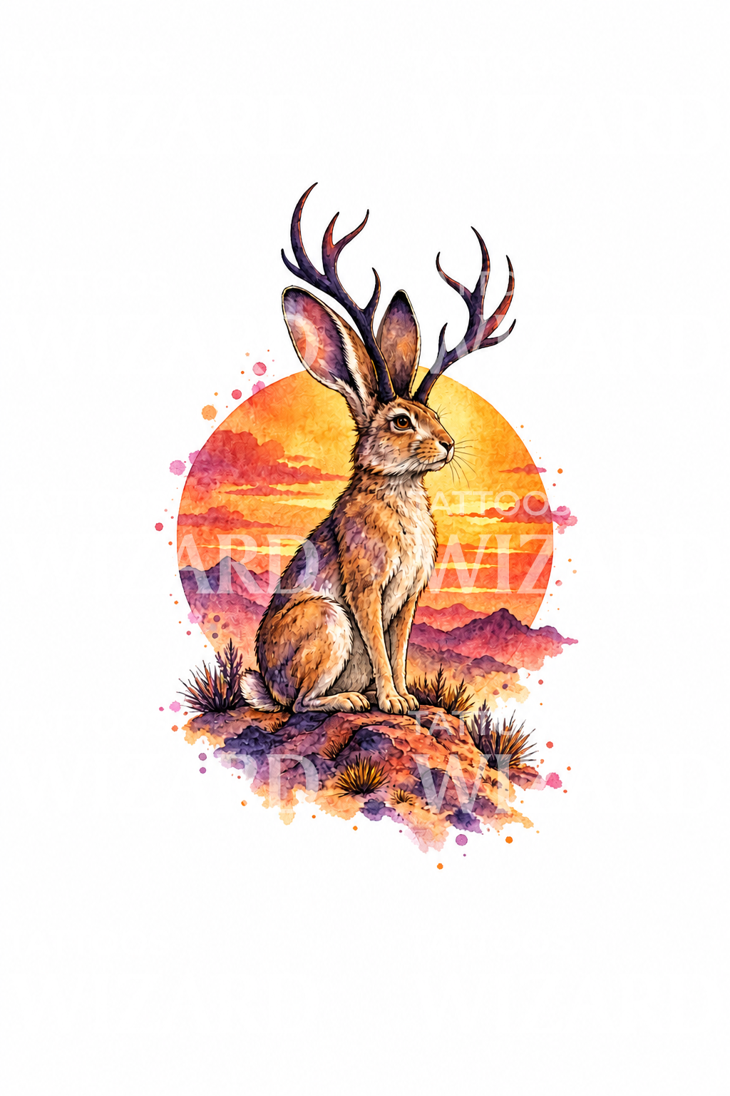 Gün Batımında Çöl Sırtında Jackalope Sulu Boya Dövmesi