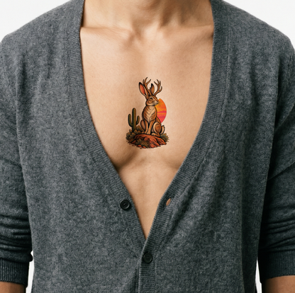 Tattoo af en jackalope med ørkensolnedgang og kaktus