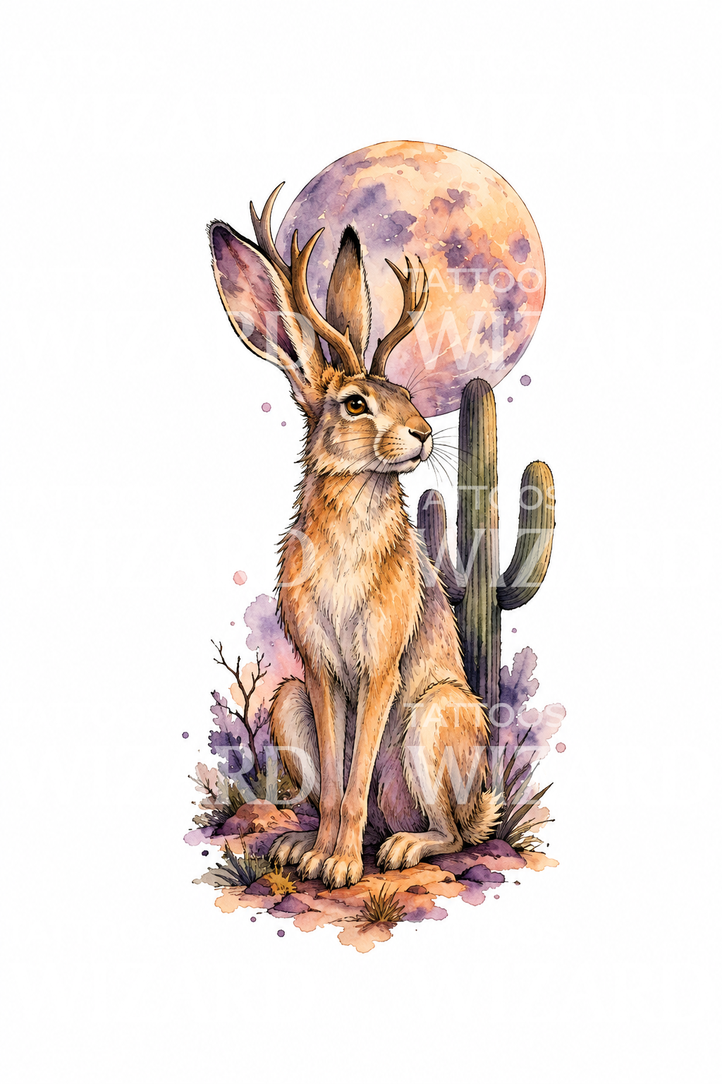 Τατουάζ jackalope με ακουαρέλα κάτω από το φεγγάρι της ερήμου