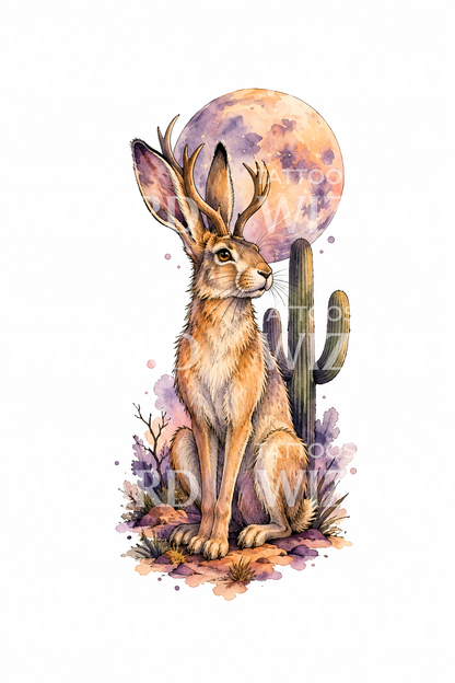 Τατουάζ jackalope με ακουαρέλα κάτω από το φεγγάρι της ερήμου