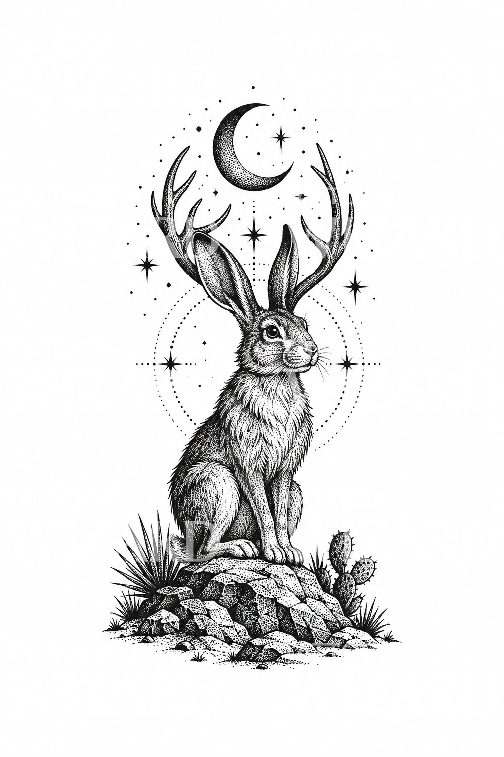 Dotwork-tatoveringsidé med jackalope under en stjerneklar ørkenhimmel
