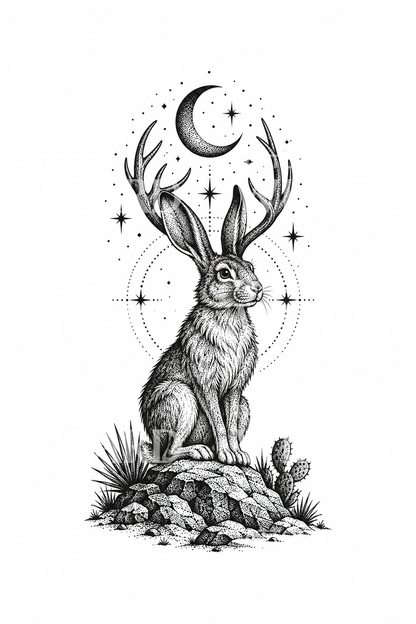 Dotwork-tatoveringsidé med jackalope under en stjerneklar ørkenhimmel