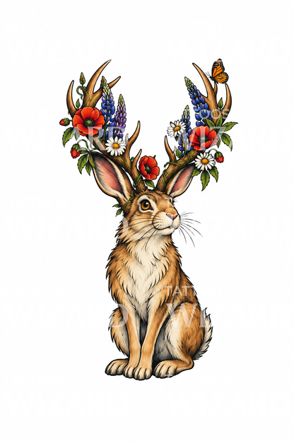 Jackalope Wildflower Antlers Tattoo Design