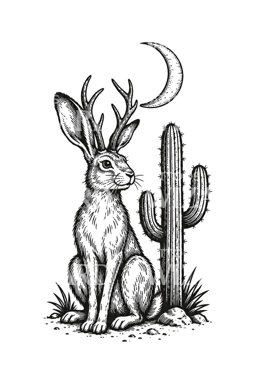 Jackalope med kaktus og måne, tatoveringsidé i tresnitt