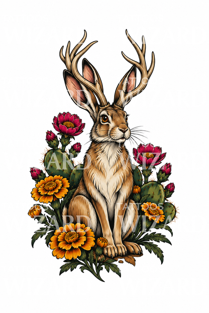 Jackalope s opuncií a pouštními květy, tetovací motiv