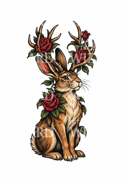 Jackalope with Rose Antlers Tattoo Design