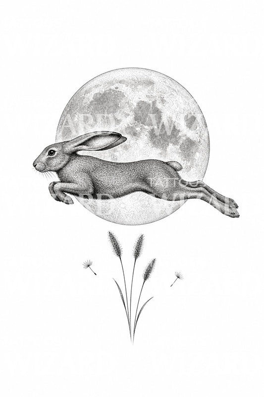 Jackrabbit and Full Moon Tattoo Illustration