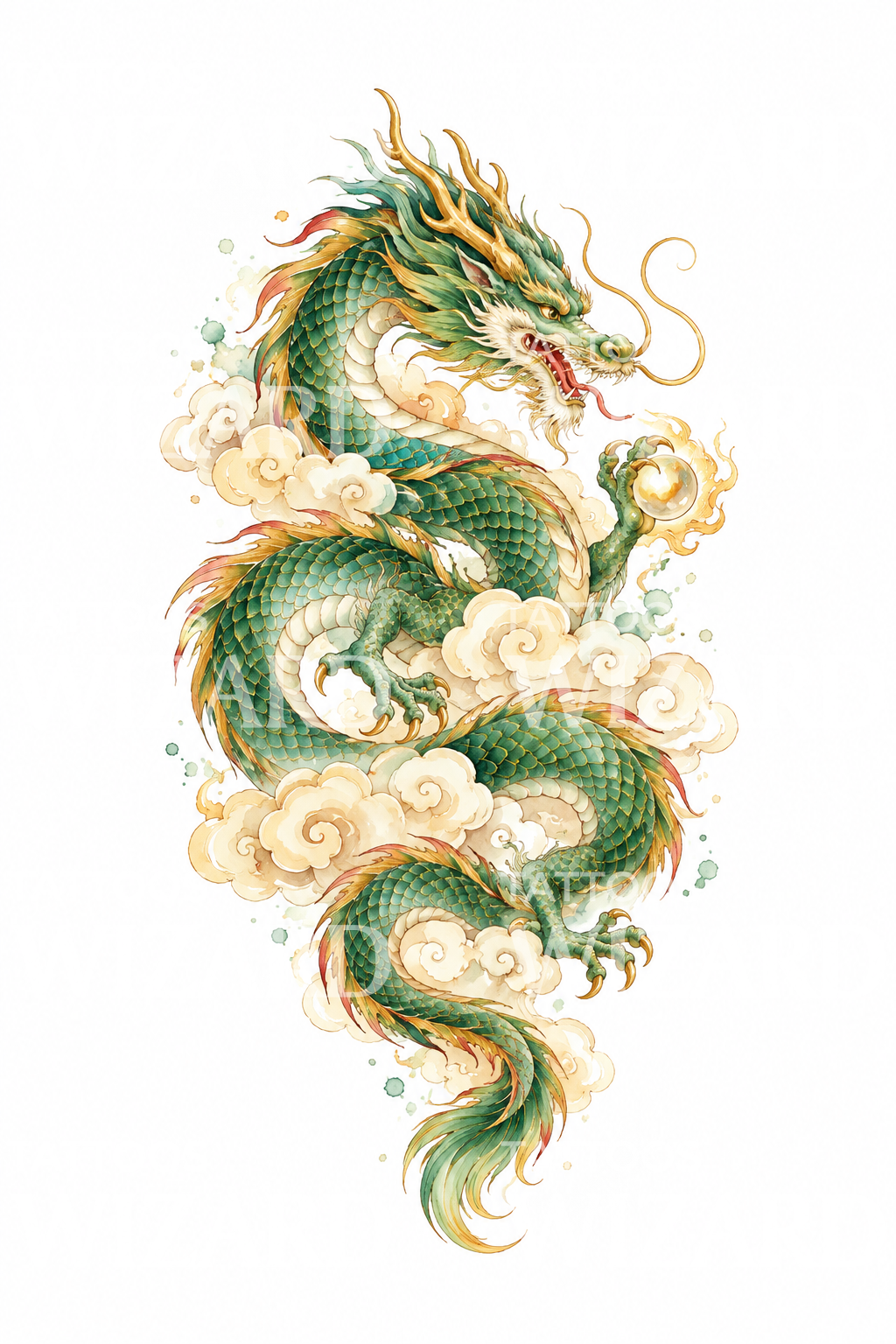 Design de tatuagem em aguarela de dragão chinês de jade nas nuvens
