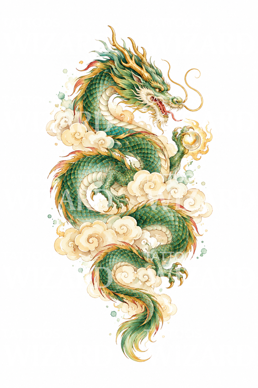 Design de tatuagem em aguarela de dragão chinês de jade nas nuvens