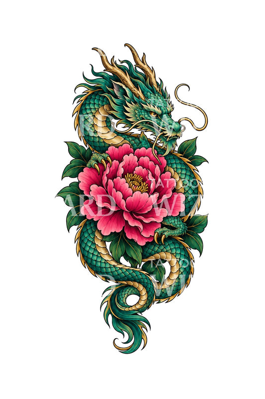 Tattoo-Design mit Jadedrache um eine Pfingstrose