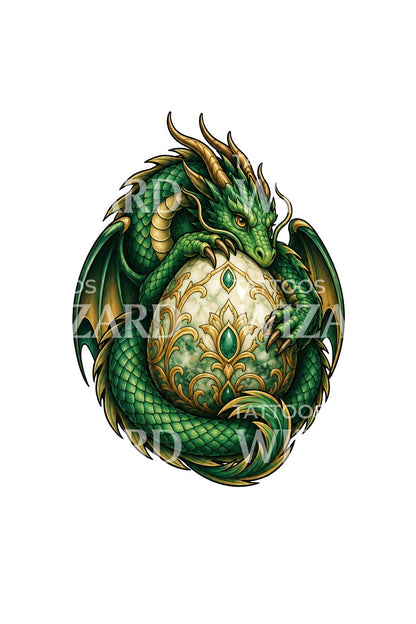 Diseño de tatuaje de dragón de jade custodiando un huevo ornamentado