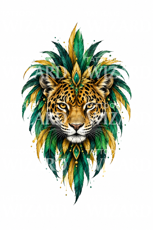 Idea per tatuaggio di un giaguaro con piume di quetzal