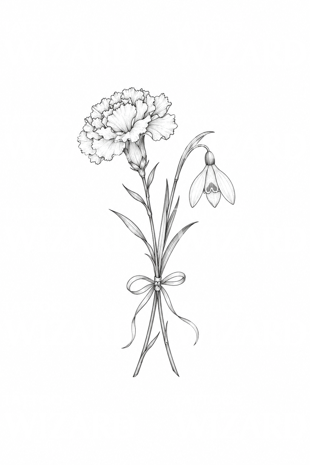 Januari-geboortebloemen: anjer en sneeuwklokje tattoo