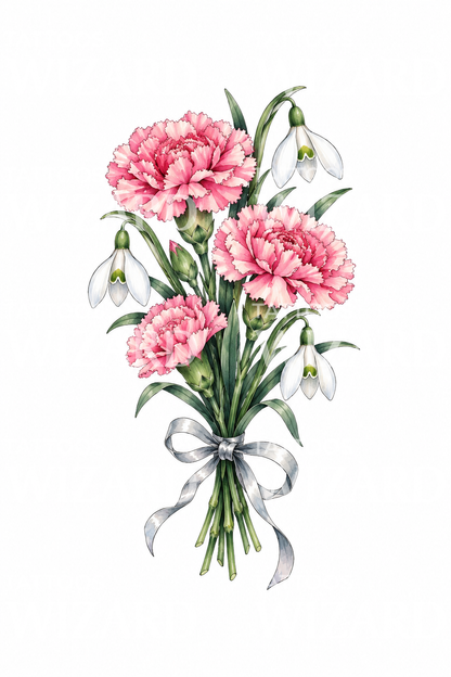 January Carnation and Snowdrop Bouquet Tattoo