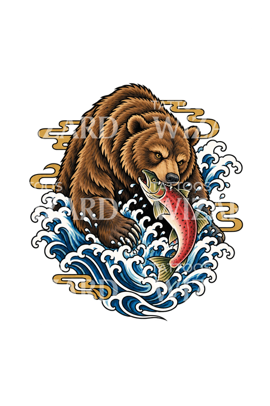 Illustration de tatouage japonaise d’un ours attrapant un saumon