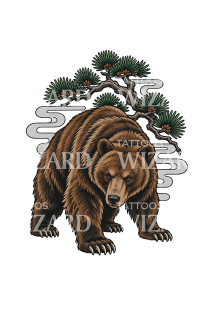 Japanese Bear Under Pine Tattoo Illustration