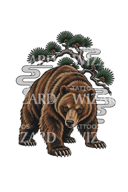 Japanese Bear Under Pine Tattoo Illustration