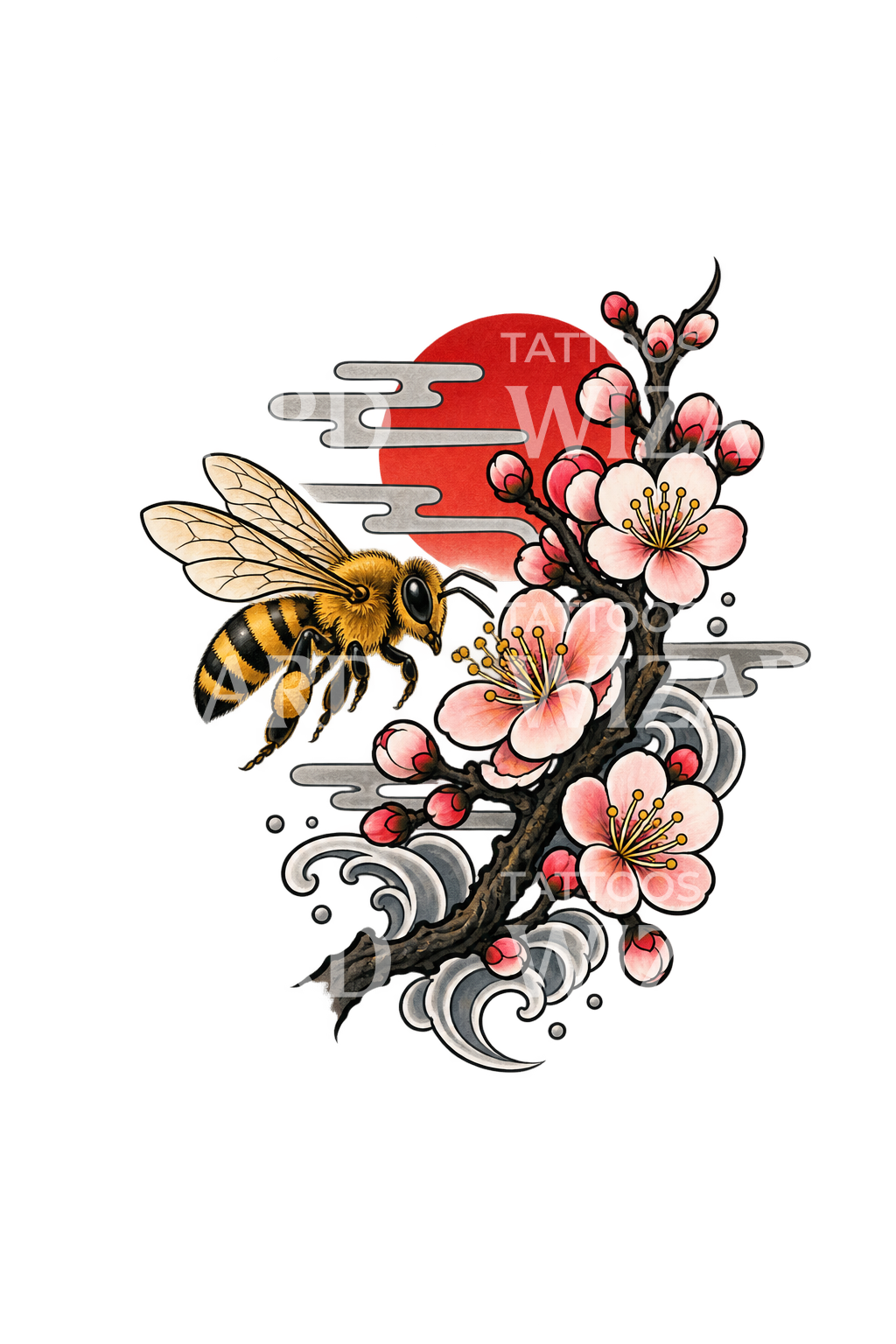 Japansk tatovering med bi og blomstrende blomme