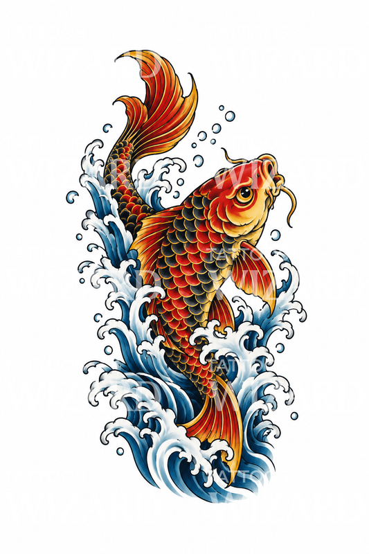 Tattoo giapponese di una carpa che salta tra le onde
