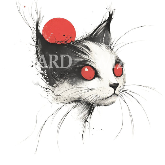 Japanese Cat with Crimson Eyes Tattoo Design