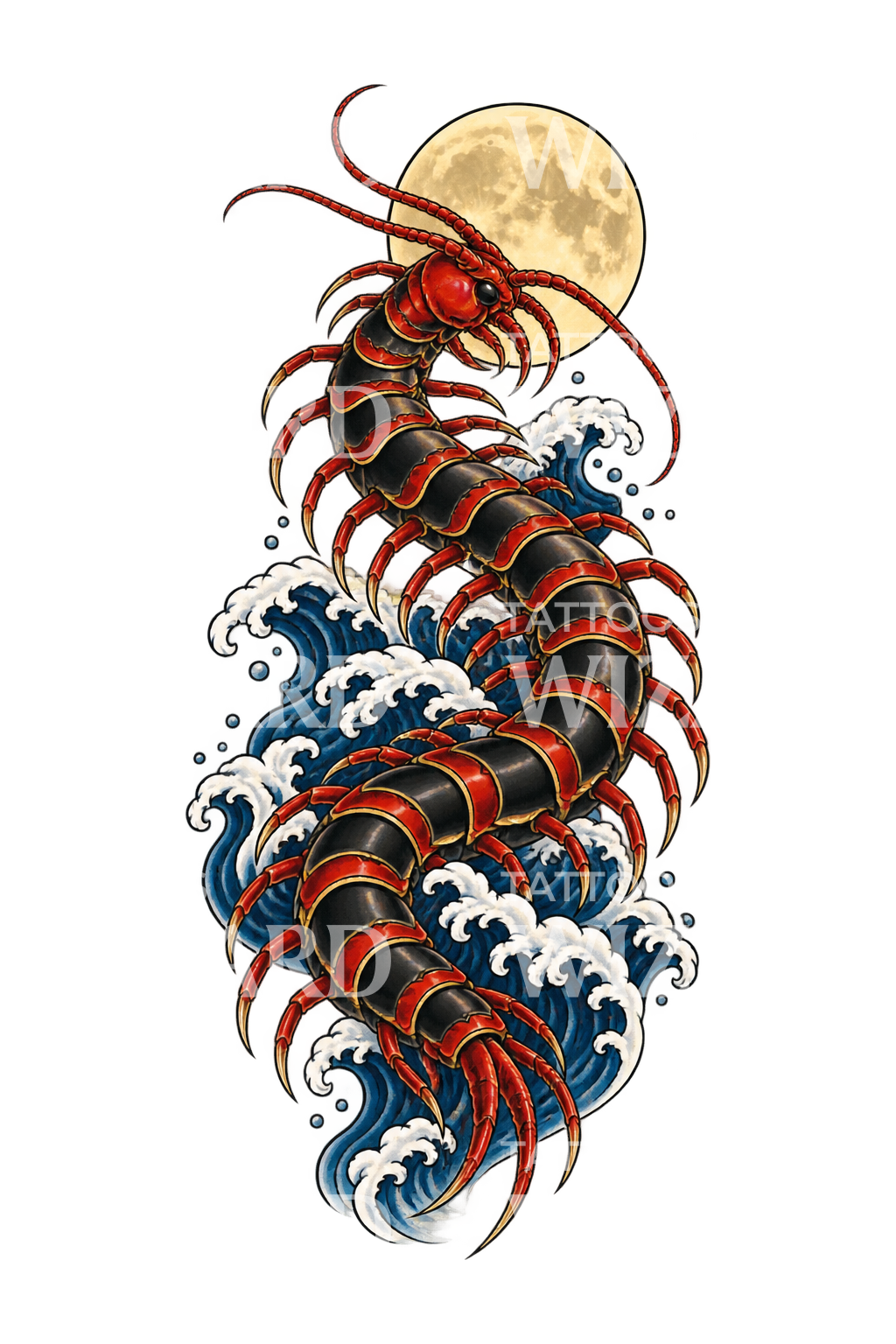 Japanese Centipede over Waves and Full Moon Tattoo Design
