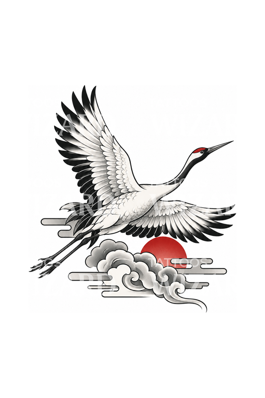 Japanese Crane and Red Sun Tattoo Design