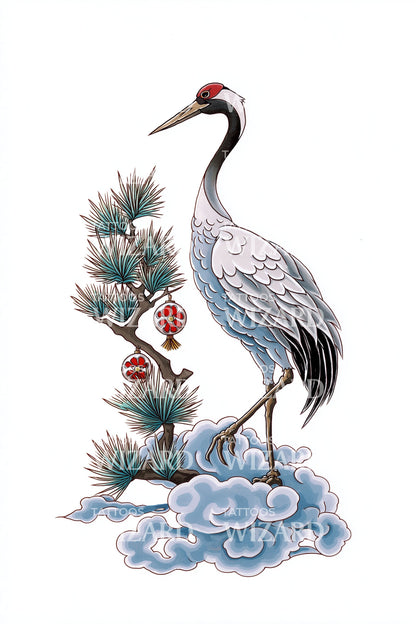 Japanese Crane Pine Tattoo Illustration