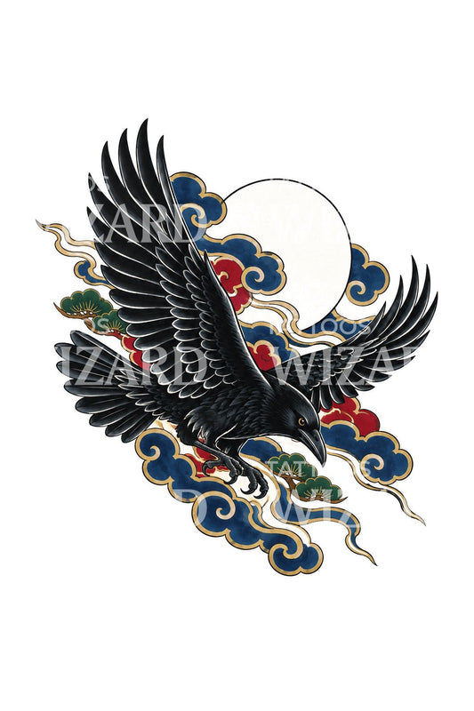 Japanische Tattoo-Idee mit Krähe und Mond