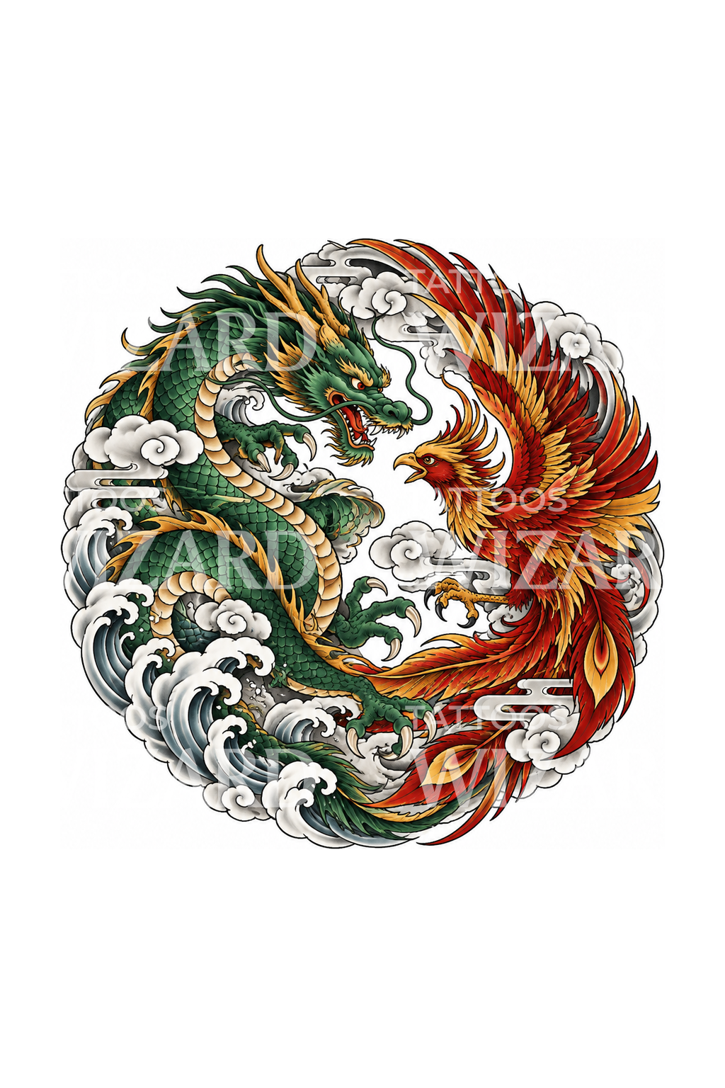 Japanese Dragon and Phoenix Circling in Clouds Tattoo
