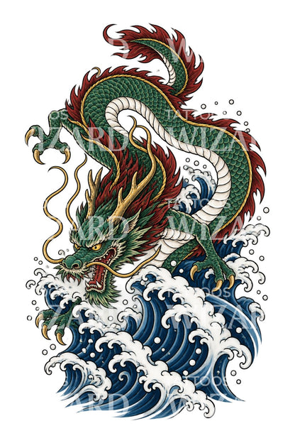 Japanse draak in brekende golven als tattoo-ontwerp