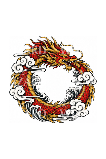 Japanese Dragon Ouroboros Circle Tattoo Illustration