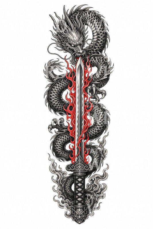 Japonská tetovací ilustrace dračího meče