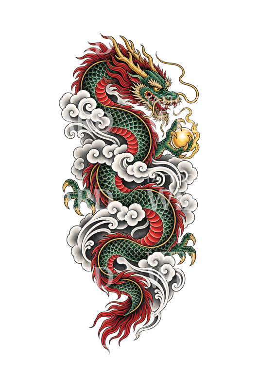 Diseño de tatuaje de dragón japonés con perla entre nubes