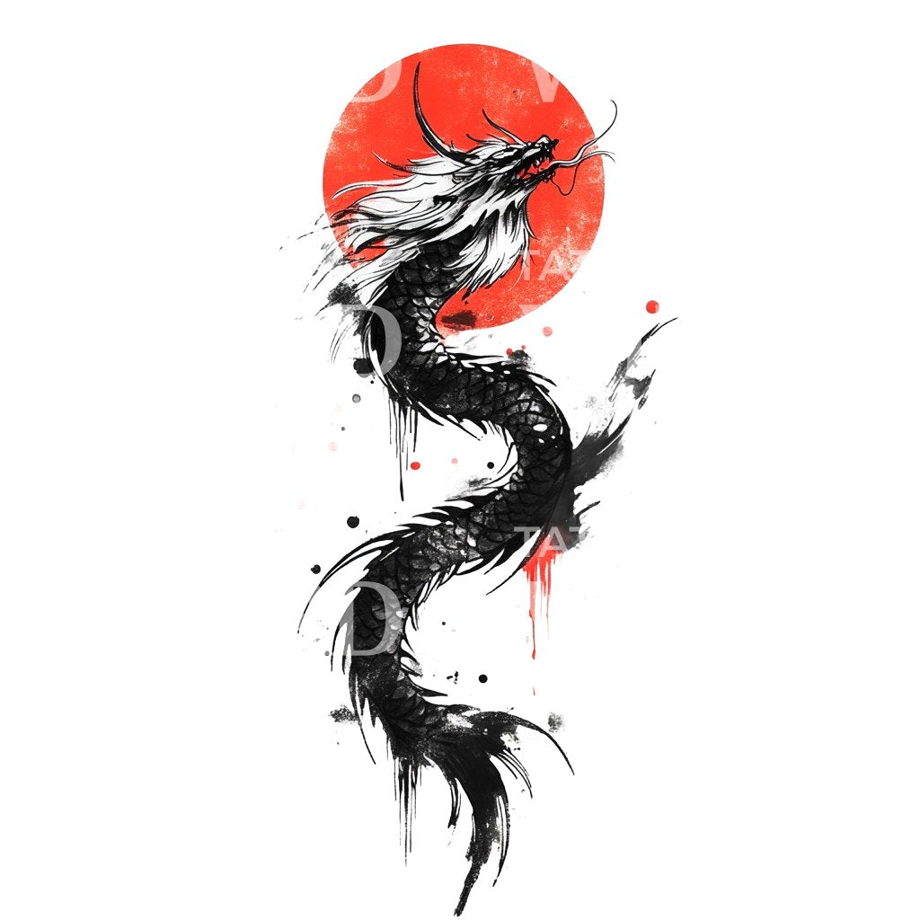 Japanese Dragon with Red Sun Tattoo Design