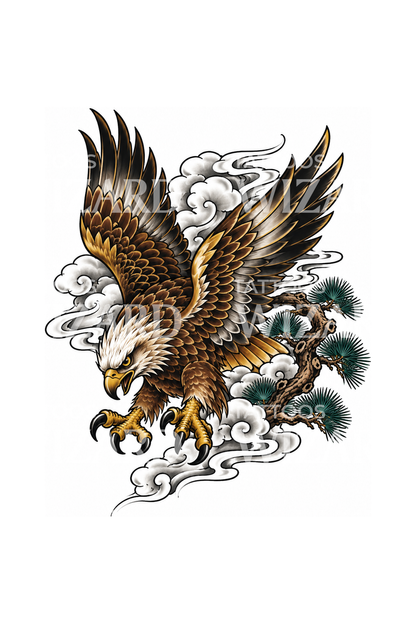 Japanese Eagle Diving Past Pine Tattoo Design