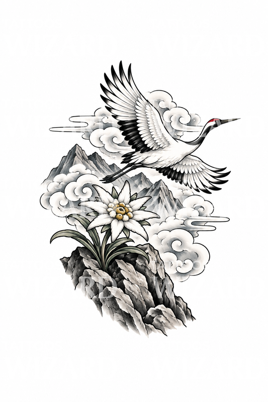 Japanisches Edelweiß auf Fels mit fliegendem Kranich Tattoo