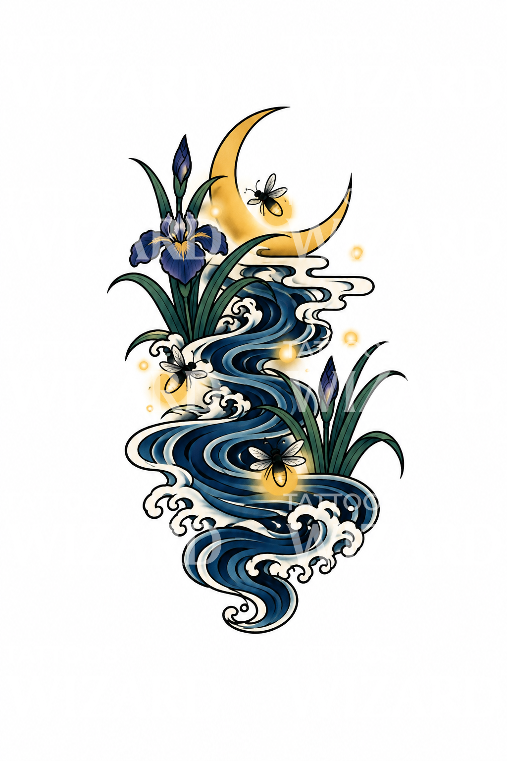Japanese Fireflies Over Stream Tattoo Design