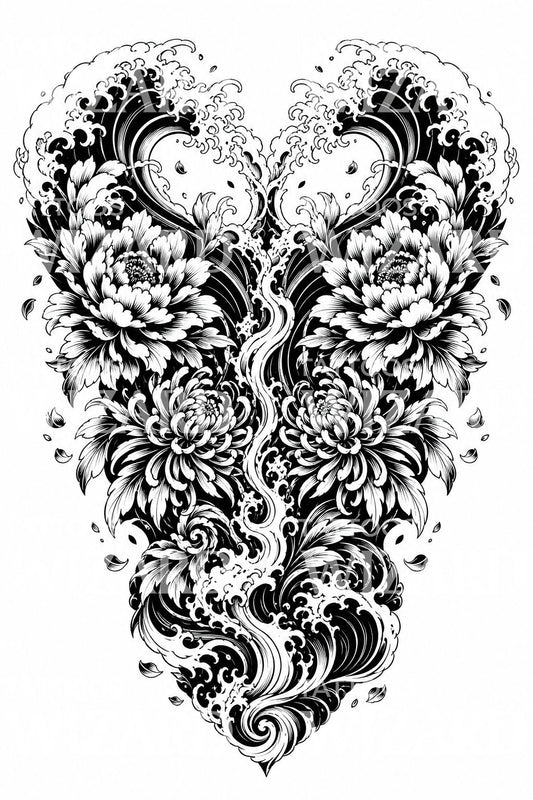 Japanese Floral Wave Back Tattoo Design
