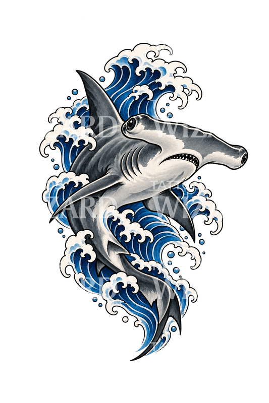 Tiburón martillo japonés entre olas, diseño de tatuaje