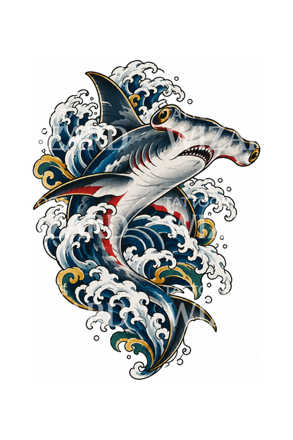 Japanischer Hammerhai in Wellen, Tattoo-Idee
