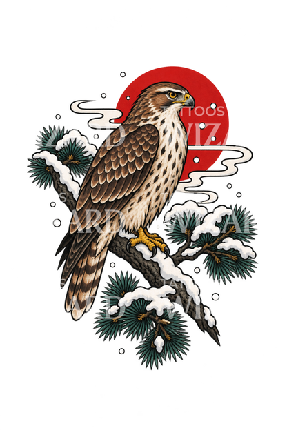 Japanese Hawk on Snowy Pine with Red Sun Tattoo