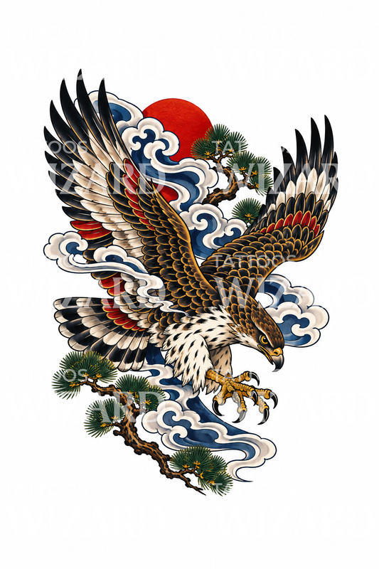穿行云间的日式鹰纹身设计