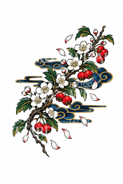 Design de tatuagem de ramo de pilriteiro japonês e nuvens