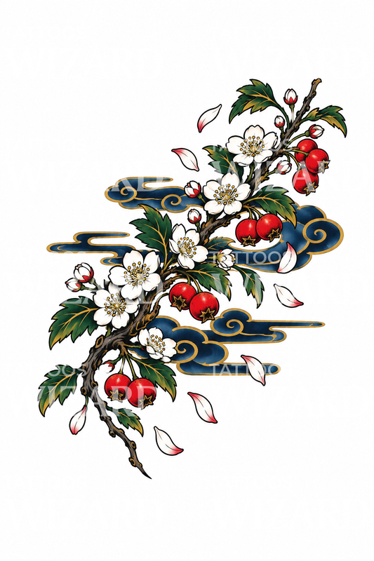 Design de tatuagem de ramo de pilriteiro japonês e nuvens