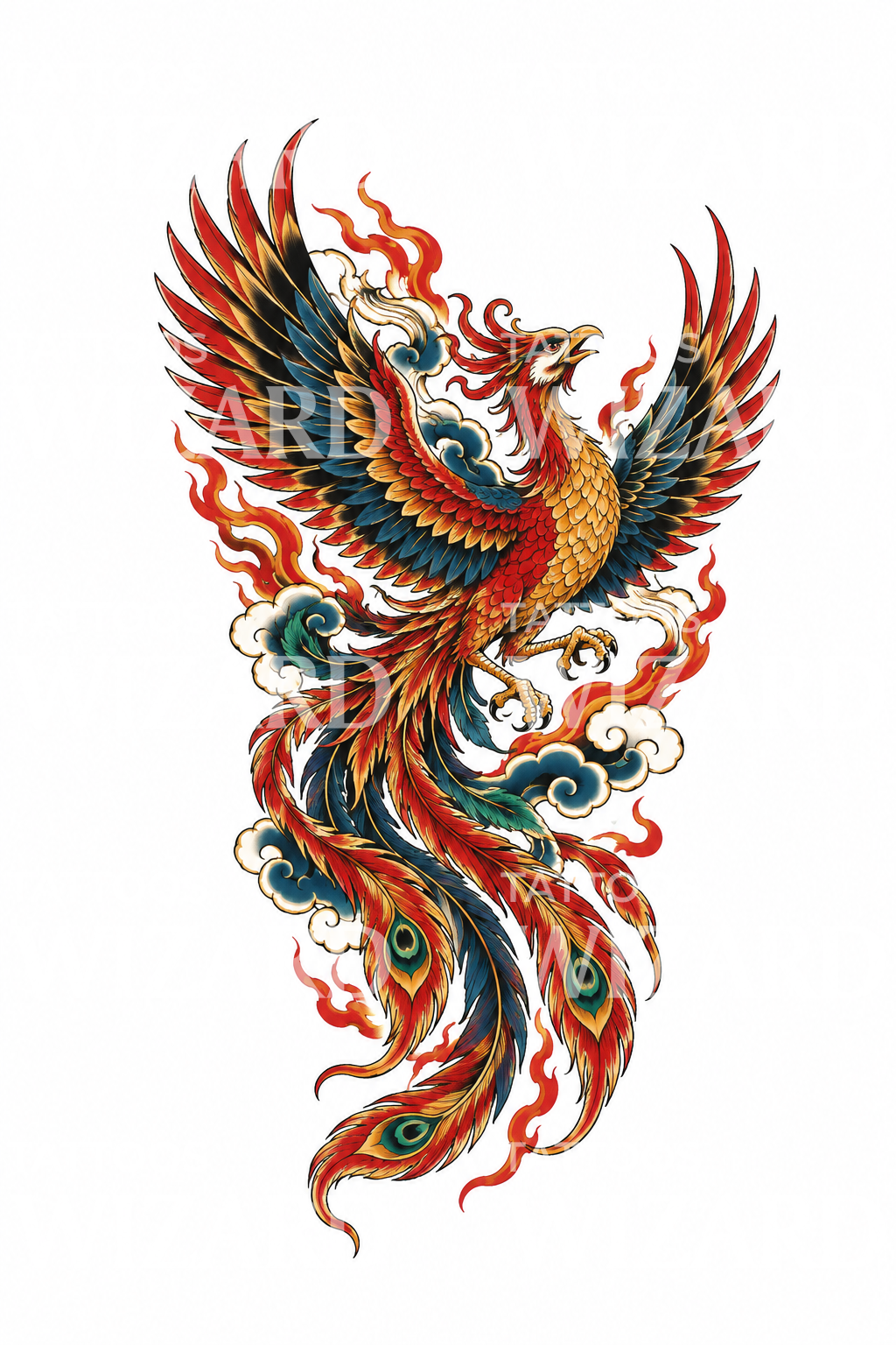 Diseño de tatuaje de fénix Ho-o japonés con llamas